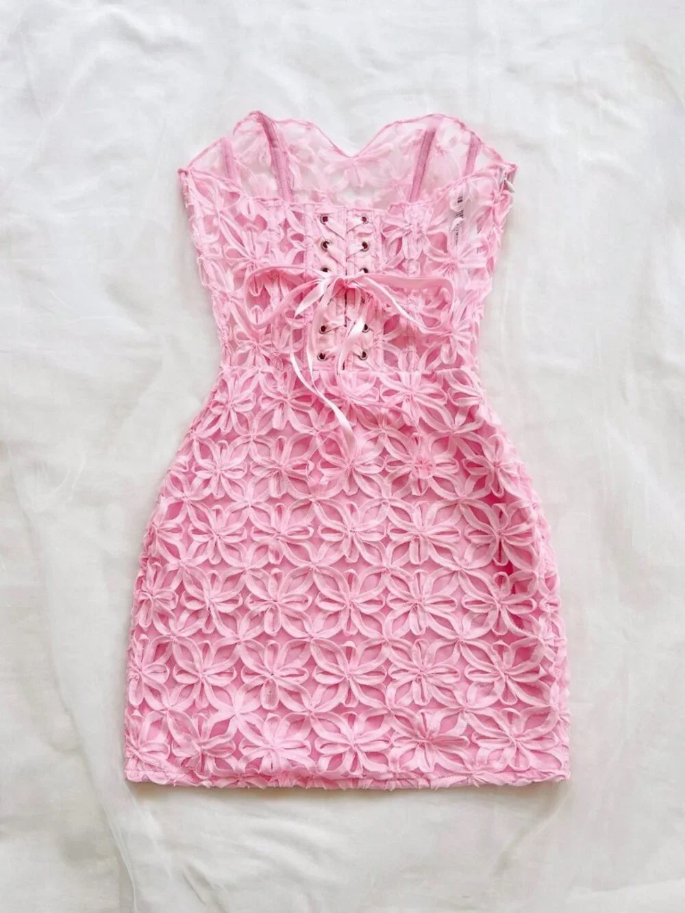Pink Sexy Women's Backless Lace Tie-Up Mini Dress - Picture 2 of 7